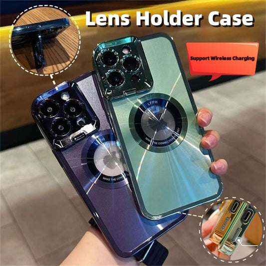 Electroplated Phone Case Luxury Plating CD Pattern Magsafe Bracket Case For 12 13 14 Pro Max Invisible Camera Stand Holder Lens Holder Magnetic Suction Naash