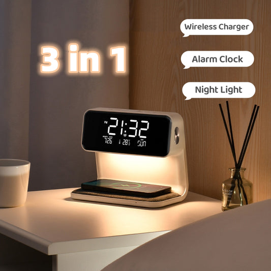3-in-1 Wireless Charging LCD Screen Alarm Clock and Lamp Naash