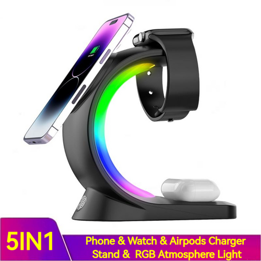 4 In 1 Magnetic Wireless Charger Fast Charging For Smart Phone Atmosphere Light Charging Station For Airpods Pro I-phone Watch Naash