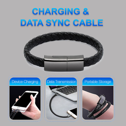 FlexiCharge Pro: The Ultimate 3-in-1 Leather Bracelet Charger & Data Cable for iPhone 14, USB-C, and Micro USB Devices Naash