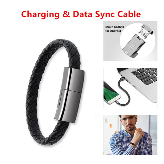 FlexiCharge Pro: The Ultimate 3-in-1 Leather Bracelet Charger & Data Cable for iPhone 14, USB-C, and Micro USB Devices Naash